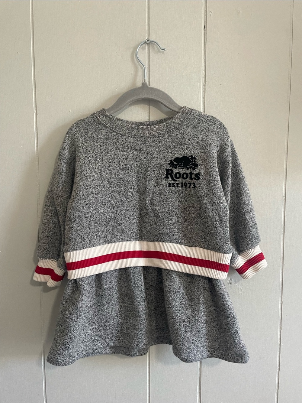 Roots Gray Girls' Sweatshirt Dress with Red Stripe Trim